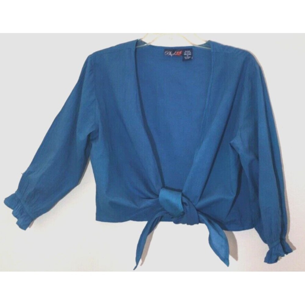 Y2K PHOOL M 100% Cotton Blue Waist Tie Blouse Top 3/4 Crop Gathered Cuff Sleeves